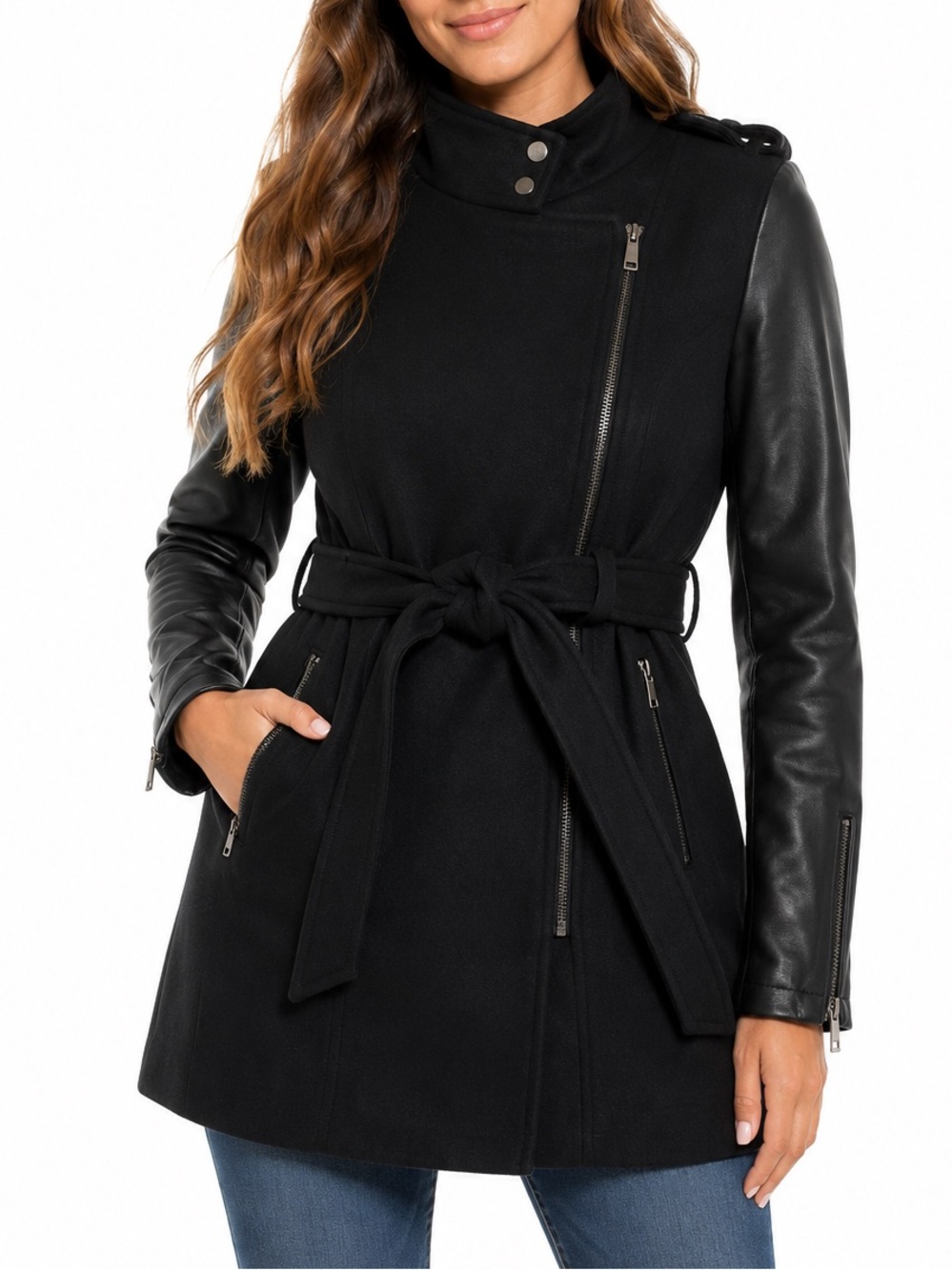 Coalition LA Women's Black Belted Vegan Leather Jacket Size Small